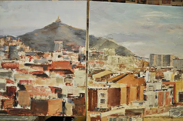 Dos óleos de Barcelona con el Tibidabo al fondo